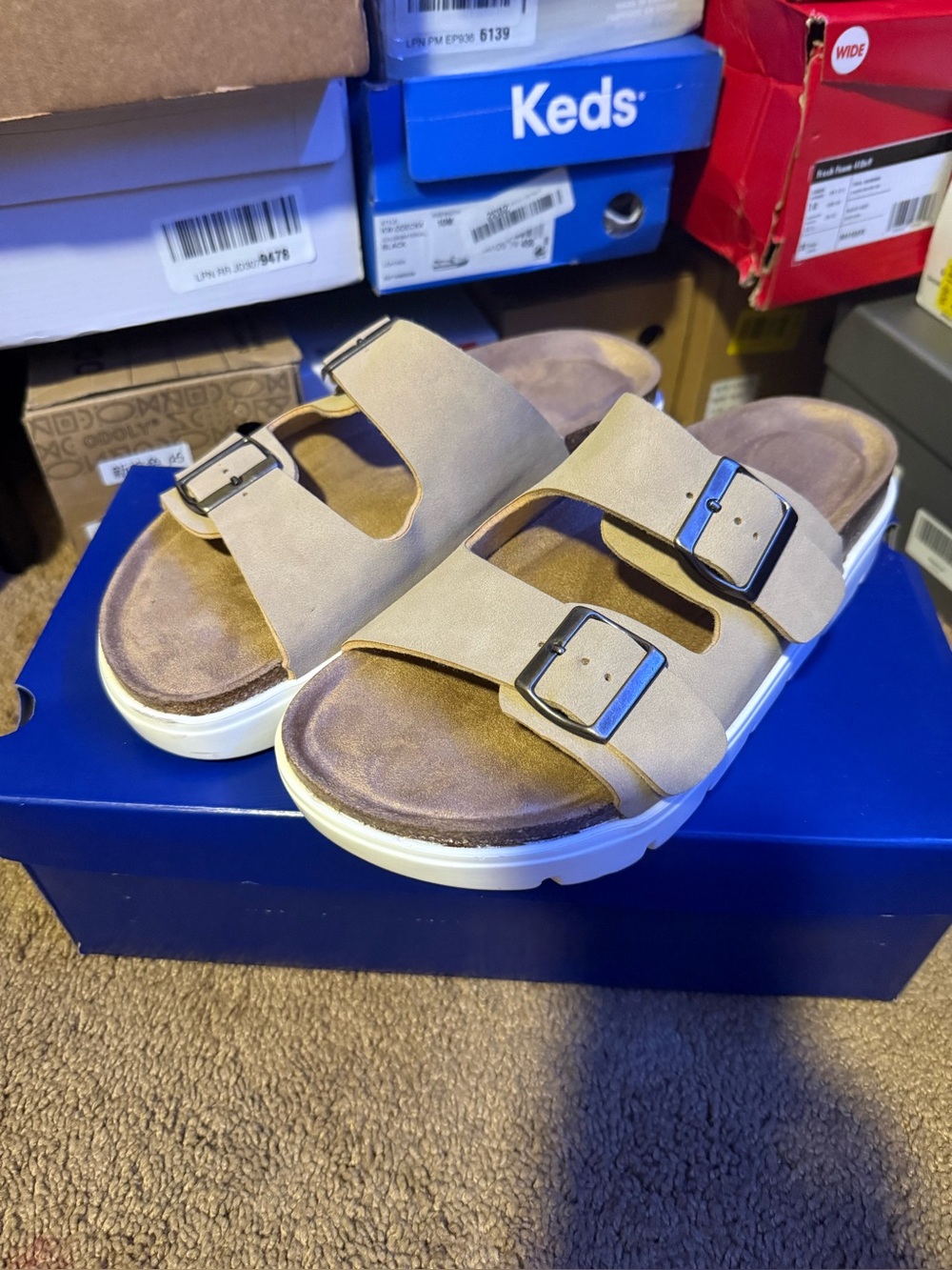 Casual Double Buckle Slide Sandals in Taupe